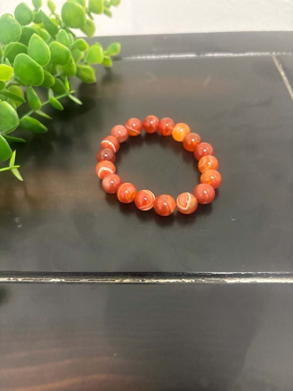 Natural Carnelian Banded Agate Round Beaded Stretch Bracelet